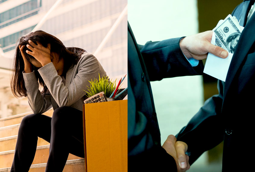 Woman sitting on stairs, upset | Businessmen shaking hands while one man places money in the other's pocket (Getty Images/Salon)