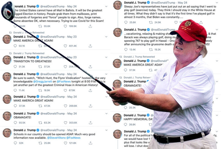 Donald Trump, tweeting and golfing (Photo illustration by Salon/Twitter/@realDonaldTrump/AP Photo/Andy Buchanan)