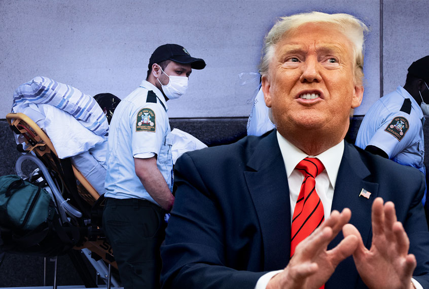 President Donald Trump | Medical workers take in patients outside a special coronavirus area at Maimonides Medical Center as the U.S. surpasses 100,000 fatalities from COVID-19 (Photo illustration by Salon/Getty Images/AP Photo)