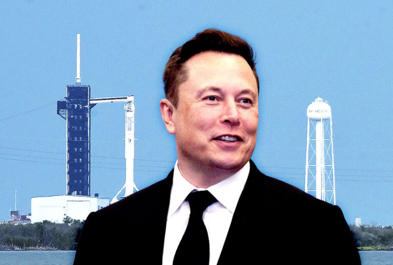 Elon Musk, and SpaceX Falcon 9 rocket with the Crew Dragon spacecraft is seen shortly before a scheduled launch at pad 39A at the Kennedy Space Center. (Photo illustration by Salon/Paul Hennessy/Echoes Wire/Barcroft Media/Saul Martinez/Getty Images)