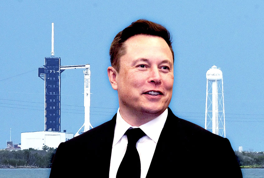 Elon Musk, and SpaceX Falcon 9 rocket with the Crew Dragon spacecraft is seen shortly before a scheduled launch at pad 39A at the Kennedy Space Center. (Photo illustration by Salon/Paul Hennessy/Echoes Wire/Barcroft Media/Saul Martinez/Getty Images)