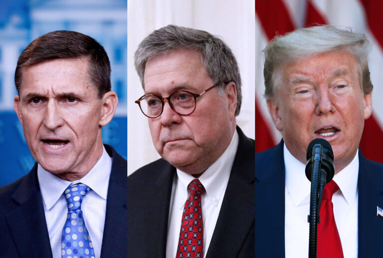 Michael Flynn, William Barr, and Donald Trump (Salon/AP Photo/Patrick Semansky/Carolyn Kaster/Alex Brandon)