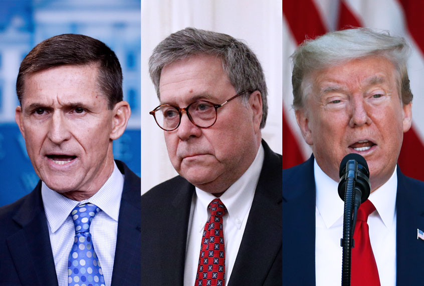 Michael Flynn, William Barr, and Donald Trump (Salon/AP Photo/Patrick Semansky/Carolyn Kaster/Alex Brandon)