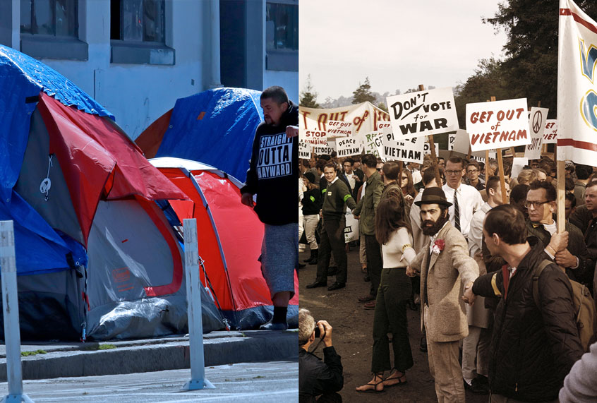 Tents near the MSC South homeless shelter, where at least 70 people have now tested positive for COVID-19 | Demonstrators march against the war in Vietnam