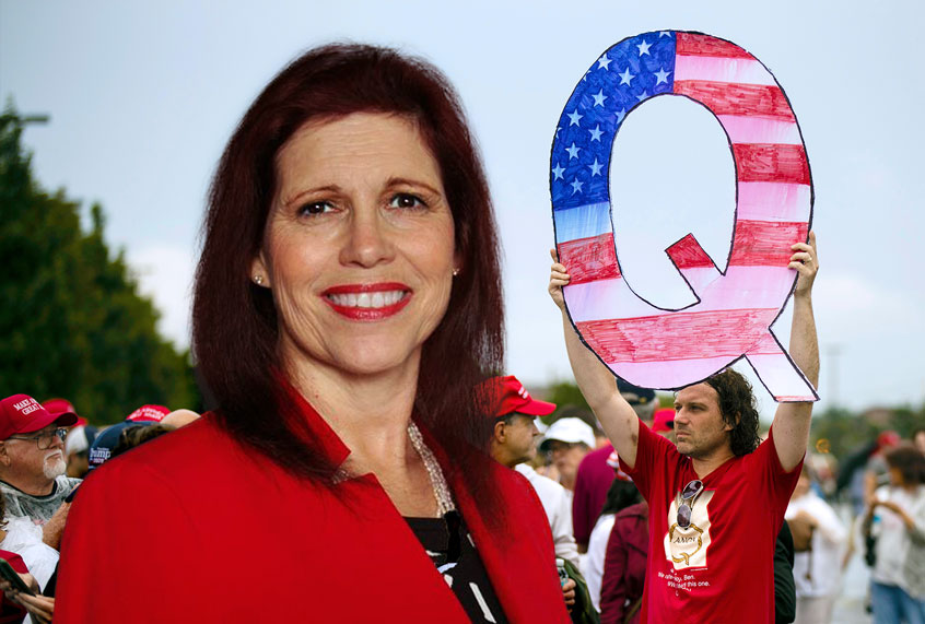 Joe Rae Perkins | Man holding a Q sign waits in line with others to enter a campaign rally (AP Photo/Matt Rourke/Jo Rae Perkins Official Campaign Website/perkinsforussenate.vote)