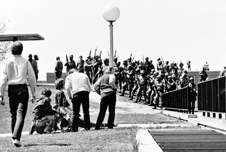 Members of the Ohio National Guard killed four students and injured nine at Kent State University during a campus protest against the Vietnam War. (AP Photo/Douglas Moore)