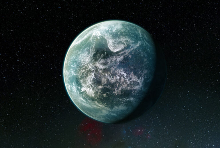 This artist’s impression shows the planet orbiting the Sun-like star HD 85512 in the southern constellation of Vela (The Sail). This planet is one of sixteen super-Earths discovered by the HARPS instrument on the 3.6-metre telescope at ESO’s La Silla Observatory. This planet is about 3.6 times as massive as the Earth and lies at the edge of the habitable zone around the star, where liquid water, and perhaps even life, could potentially exist. (ESO/M. Kornmesser/Nick Risinger)