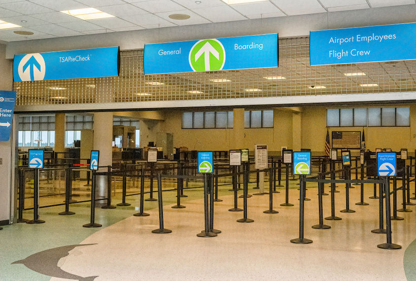 APRIL 10, 2020: No TSA Security lines at Pensacola International Airport. (Julie Picardi/Barcroft Media via Getty Images)