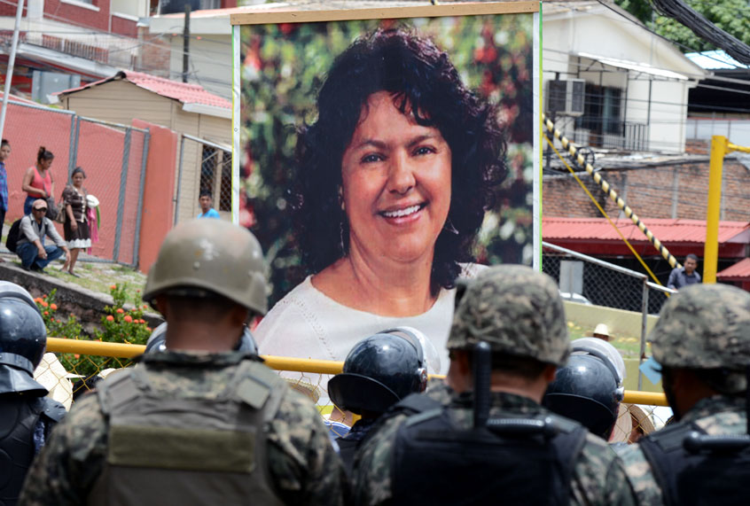 Hundreds of indigenous Hondurans and peasants march on August 17, 2016 in Tegucigalpa in Tegucigalpa demanding justice for the murder of indigenous environementalist Berta Caceres last July. (ORLANDO SIERRA/AFP via Getty Images)