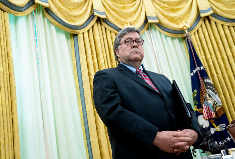 Attorney General William Barr listens as U.S. President Donald Trump speaks in the Oval Office before signing an executive order related to regulating social media on May 28, 2020 in Washington, DC (Doug MIlls-Pool/Getty Images)