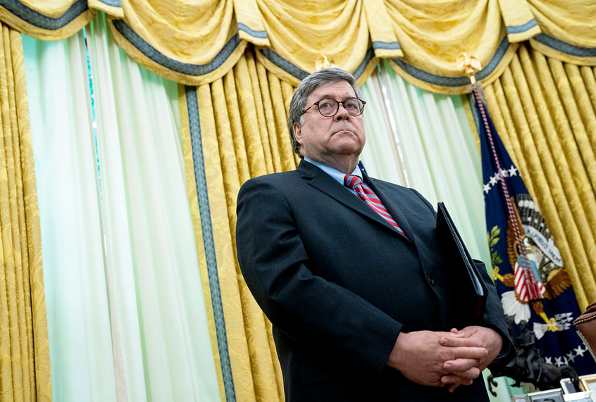 Attorney General William Barr listens as U.S. President Donald Trump speaks in the Oval Office before signing an executive order related to regulating social media on May 28, 2020 in Washington, DC (Doug MIlls-Pool/Getty Images)