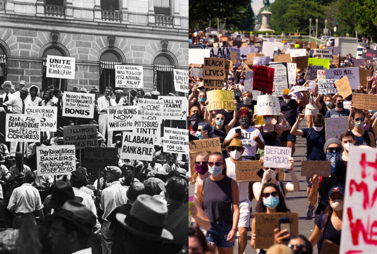 Veterans of World War I gather outside the Congressional Library in Washington, to demand the immediate payment of a cash bonus promised to them eight years before, 15th July 1932. | Hundreds of demonstrators walk down 16th street to the White House, during a rally north of Lafayette Square near the White House to protest police brutality and racism, on June 7, 2020 in Washington, DC. (Getty Images/Salon)