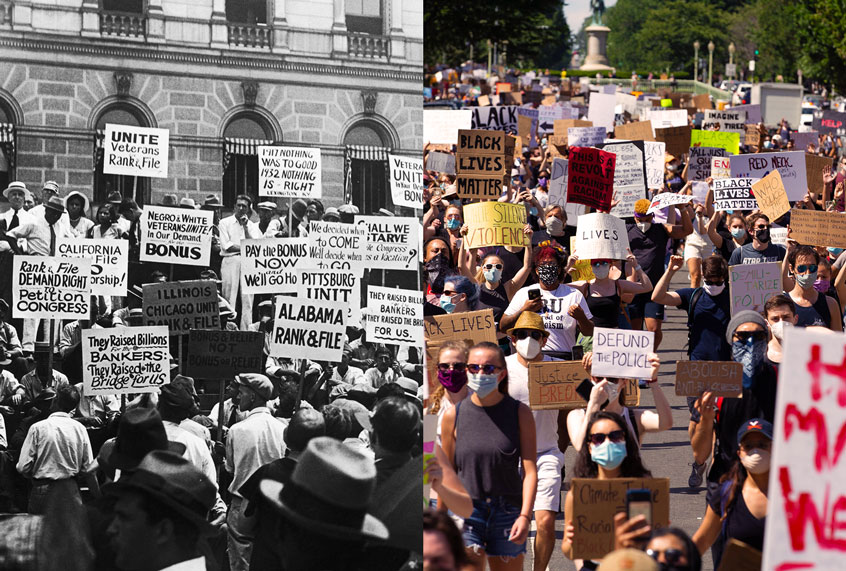 Veterans of World War I gather outside the Congressional Library in Washington, to demand the immediate payment of a cash bonus promised to them eight years before, 15th July 1932. | Hundreds of demonstrators walk down 16th street to the White House, during a rally north of Lafayette Square near the White House to protest police brutality and racism, on June 7, 2020 in Washington, DC. (Getty Images/Salon)