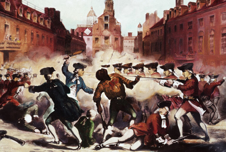 Painting of the Boston Massacre showing Crispus Attucks, one of the leaders of the demonstration and one of the five men killed by the gun fire of the British troops, as he is shot. The Boston Massacre took place in 1770 and was a preliminary riot in the War of Independence from the British. (Getty Images)