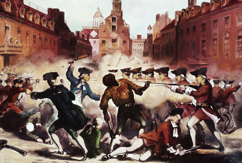 Painting of the Boston Massacre showing Crispus Attucks, one of the leaders of the demonstration and one of the five men killed by the gun fire of the British troops, as he is shot. The Boston Massacre took place in 1770 and was a preliminary riot in the War of Independence from the British. (Getty Images)