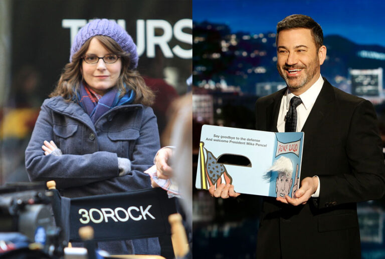 Tina Fey is seen on the set of the TV show "30 Rock" on location | Jimmy Kimmel from "Jimmy Kimmel Live!" (ABC/Randy Holmes/Marcel Thomas/FilmMagic)