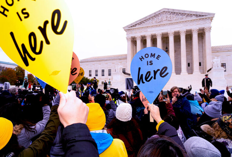 "Home is Here" say supporters of the Deferred Action for Childhood Arrivals, or DACA, assembled in front of the steps of the U.S. Supreme Court on Tuesday, Nov. 12, 2019 in Washington D.C. as the justices considered whether the Trump administration can shut down a program that shields about 700,000 young immigrants, known as "dreamers", from deportation. (Photo by Jeff Malet)