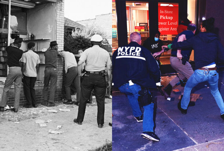 Police officers search men accused of looting during race riots in Detroit, Michigan | Police officers intervene people who exit damaged store after the glass was knocked out in Midtown, NYC (Getty Images/Salon)