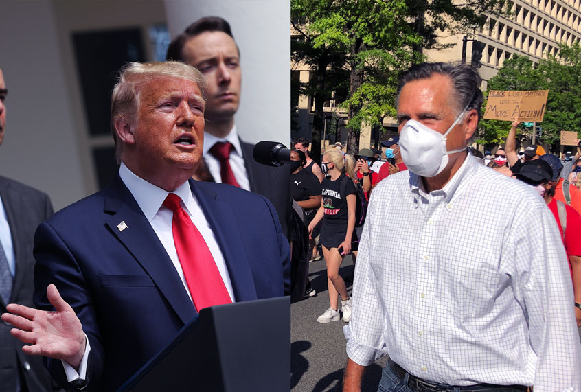 Sen.Mitt Romney marches with a crowd singing Little Light of Mine on June 7, 2020 in Washington D.C. | U.S. President Donald Trump speaks during a news conference in the Rose Garden at the White House (Chip Somodevilla/Michelle Boorstein/The Washington Post/Getty Images/Salon)