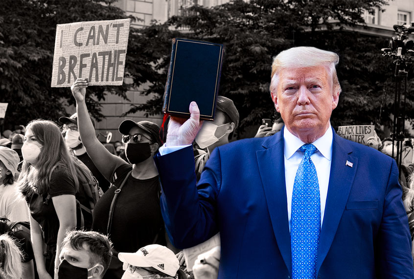 Donald Trump holding up a bible | Protestors gathering across the street from the White House during a demonstration over the death of George Floyd (Photo illustration by Salon/Getty Images)