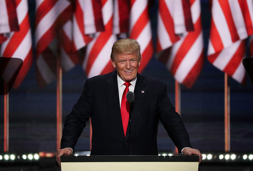 Republican presidential candidate Donald Trump acknowledges the crowd during the evening session on the fourth day of the Republican National Convention on July 21, 2016 (Alex Wong/Getty Images)