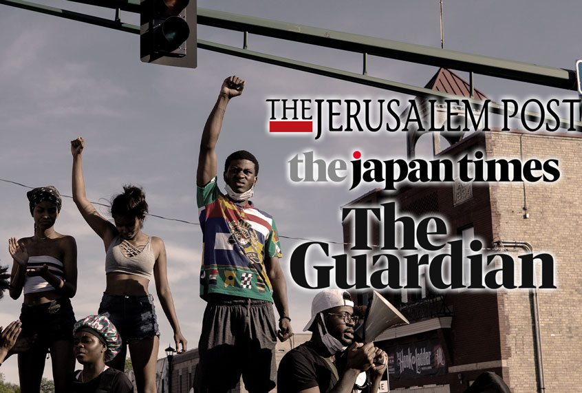 Protestors in Minneapolis | Logos from The Jerusalem Post, The Japan Times, and The Guardian (Getty Images/ WikiMedia/ Salon)