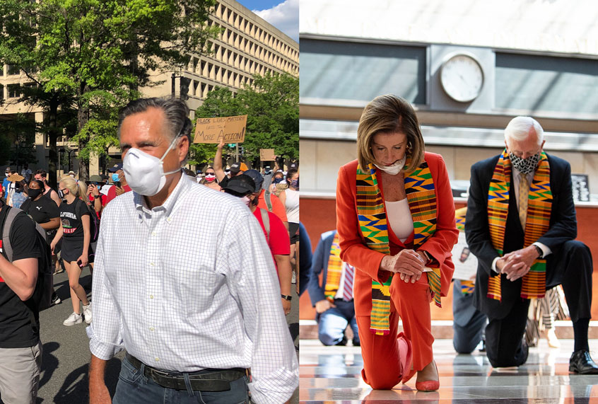 Sen. Mitt Romney (R-Utah) marches with a crowd singing Little Light of Mine | Members of Congress gather at the Emancipation Hall, kneel as they take moment of silence to honor George Floyd (Getty Images/Salon)