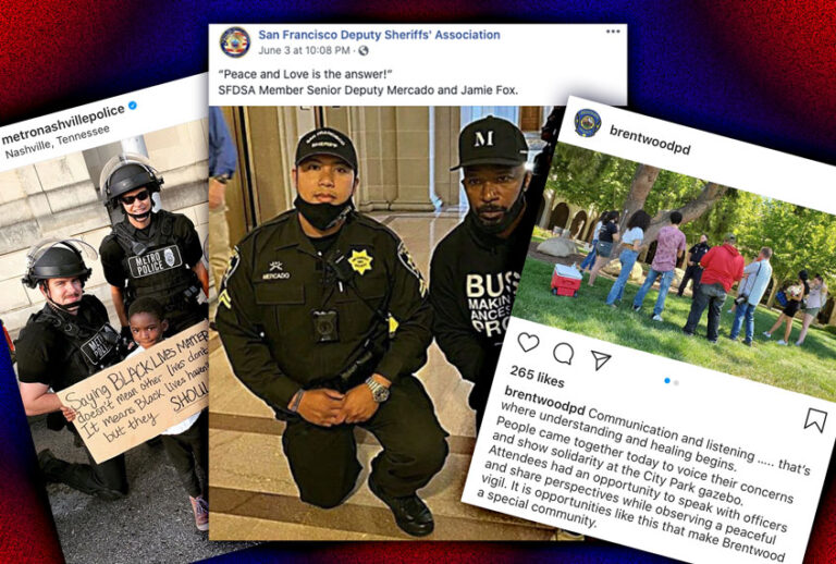 Various social media posts from police departments regarding their support in the wake of protests (Photo illustration by Salon/Facebook/Instagram/SFDSA/Nashville Police Department/Brentwood Police Department)