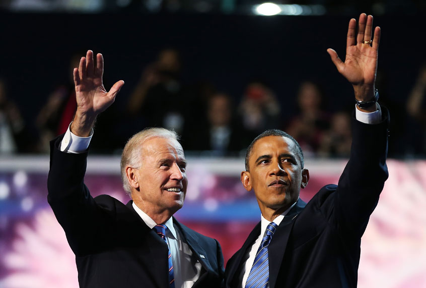This 2012 photo shows then Democratic presidential candidate, U.S. President Barack Obama (R) and Democratic vice presidential candidate, U.S. Vice President Joe Biden wave after accepting the nomination during the final day of the Democratic National Convention at Time Warner Cable Arena in Charlotte, North Carolina. (Tom Pennington/Getty Images)