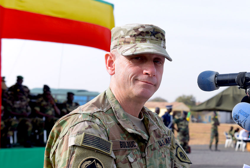 Former US Army General Donald Bolduc delivers a speech during the inauguration of a military base in Thies, 70 km from Dakar, on February 8, 2016 (SEYLLOU/AFP via Getty Images)