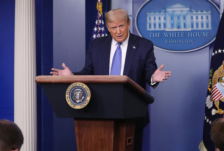 President Donald Trump talks to journalists during a news conference about his administration's response to the ongoing global coronavirus pandemic in the Brady Press Briefing Room at the White House July 22, 2020 in Washington, DC. This is the second briefing the president has given in as many days. Poll numbers about his handling of COVID-19 have been falling as cases of deadly virus have spiked across the country. (Chip Somodevilla/Getty Images)