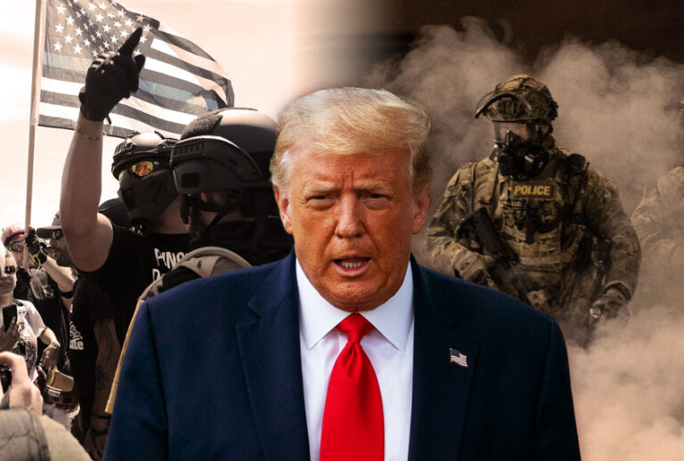 Donald Trump, with Patriot Prayer founder and Republican Senate candidate Joey Gibson speaking during a campaign rally for Gibson on August 4, 2018 (L), and Federal officers operating amid tear gas while clearing the street in front of the Mark O. Hatfield U.S. Courthouse on July 21, 2020 (Photo illustration by Salon/Getty Images)