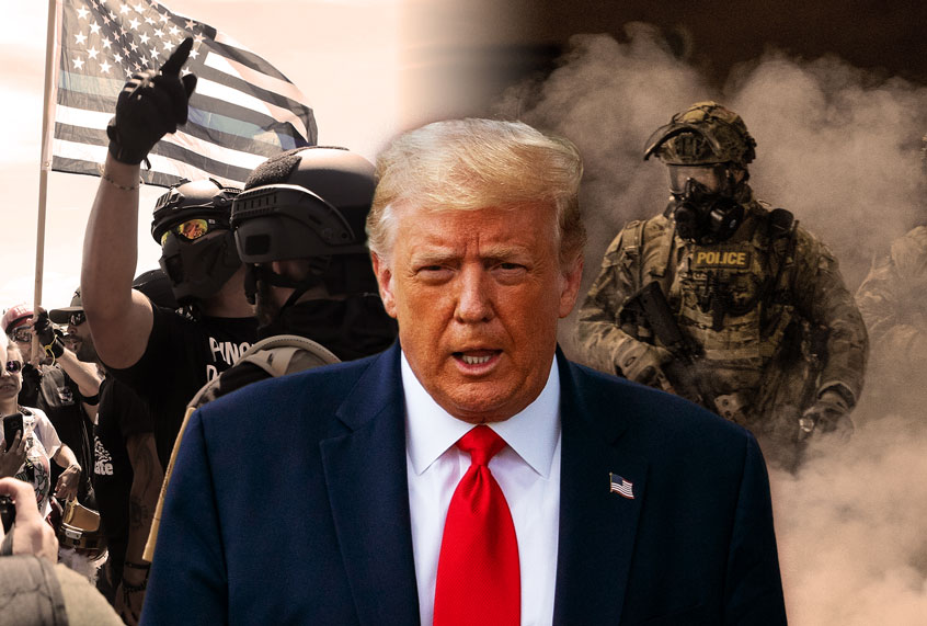 Donald Trump, with Patriot Prayer founder and Republican Senate candidate Joey Gibson speaking during a campaign rally for Gibson on August 4, 2018 (L), and Federal officers operating amid tear gas while clearing the street in front of the Mark O. Hatfield U.S. Courthouse on July 21, 2020 (Photo illustration by Salon/Getty Images)