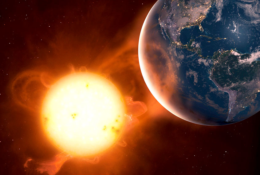 Illustration of a coronal mass ejection impacting the Earth s atmosphere. These events, CMEs for short, are powerful releases of solar charged particles (plasma) and magnetic field, travelling on the solar wind. (Getty Images/MARK GARLICK/SCIENCE PHOTO LIBRARY)