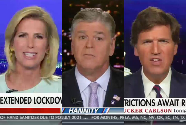 Laura Ingraham, Sean Hannity and Tucker Carlson on the July 7, 2020 episodes of their respective shows (Fox News/Salon)