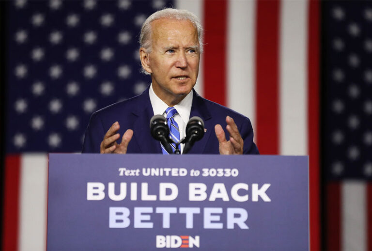 Democratic presidential candidate former Vice President Joe Biden speaks at the Chase Center July 14, 2020 in Wilmington, Delaware. Biden delivered remarks on his campaign's 'Build Back Better' clean energy economic plan. (Chip Somodevilla/Getty Images)
