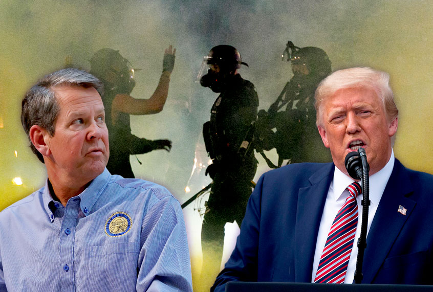 Georgia Governor Brian Kemp, US President Donald Trump and police confronting demonstrators as Black Lives Matter supporters demonstrate in Portland, Oregon (Getty Images/Salon)