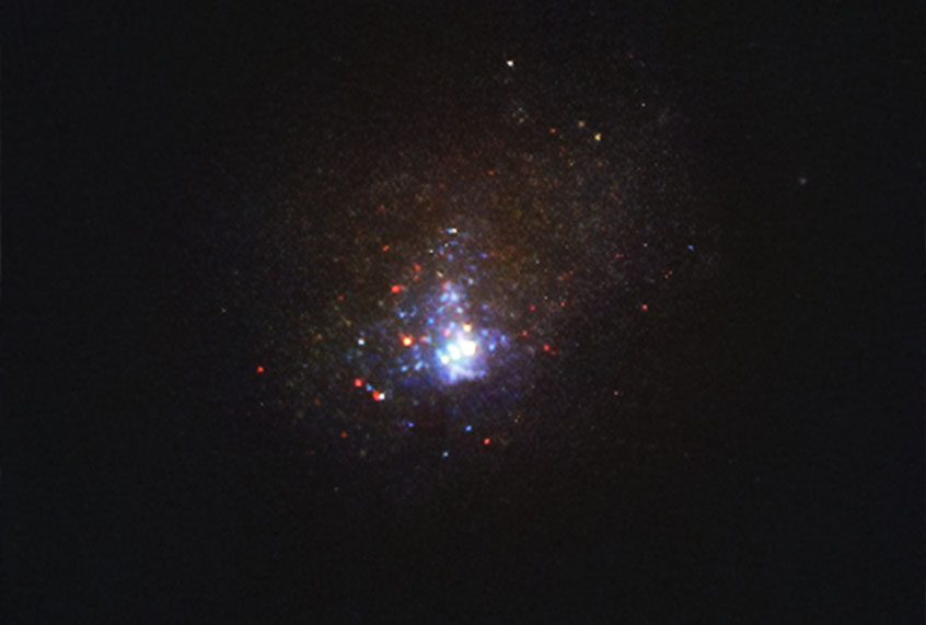 mage of the Kinman Dwarf galaxy, also known as PHL 293B, taken with the NASA/ESA Hubble Space Telescope’s Wide Field Camera 3 in 2011, before the disappearance of the massive star. Located some 75 million light-years away, the galaxy is too far away for astronomers to clearly resolve its individual stars, but in observations done between 2001 and 2011, they detected the signatures of the massive star. These signatures were not present in more recent data. (NASA/ESA/Hubble/J. Andrews/University of Arizona))