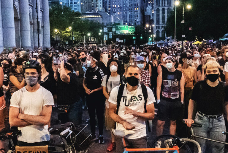 Protesters barricade the street with bikes and hundreds of people at City Hall, Manhattan. (Ira L. Black/Corbis/Getty Images)