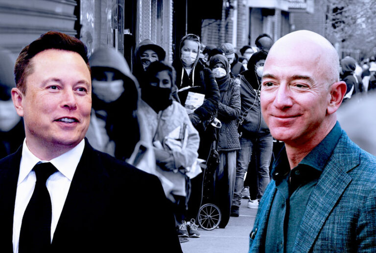 Some billionaires having a good time, and the common folk affected by the pandemic (Getty Images/Salon)