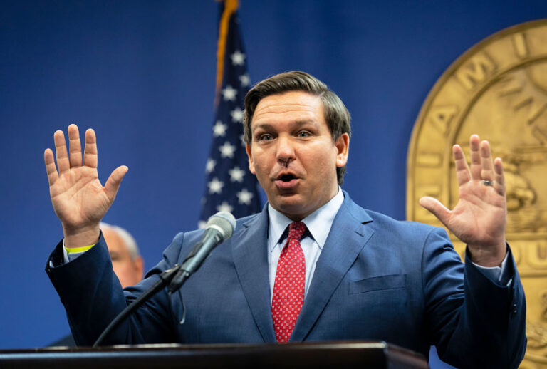 Florida Governor Ron DeSantis gesticulates during a press conference (Eva Marie Uzcategui/Getty Images)