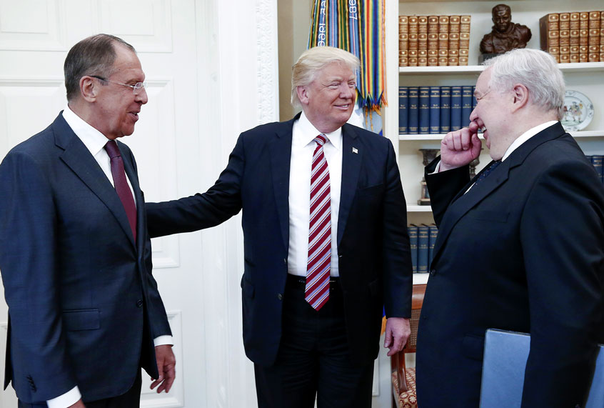 Russia's Foreign Minister Sergei Lavrov, US President Donald Trump, and Russian Ambassador to the United States Sergei Kislyak (L-R) talking during a meeting in the Oval Office at the White House. (Alexander ShcherbakTASS via Getty Images)