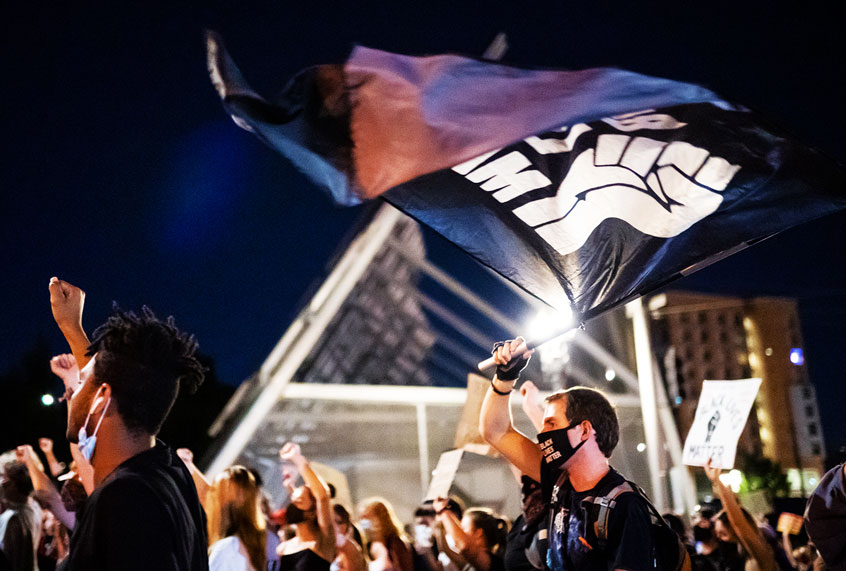 Peaceful protesters march through downtown in solidarity with Jacob Blake on August 27, 2020 in Portland, Oregon. Protests continued across the country Thursday night following the police shooting of Blake in Wisconsin. (Nathan Howard/Getty Images)