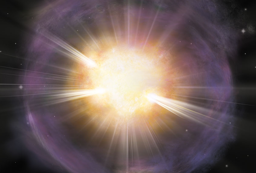 Artist’s interpretation of the calcium-rich supernova 2019ehk. Shown in orange is the calcium-rich material created in the explosion. Purple coloring represents gas shedded by the star right before the explosion, which then produced bright X-ray emission when the material collided with the supernova shockwave. (Aaron M. Geller, Northwestern University)