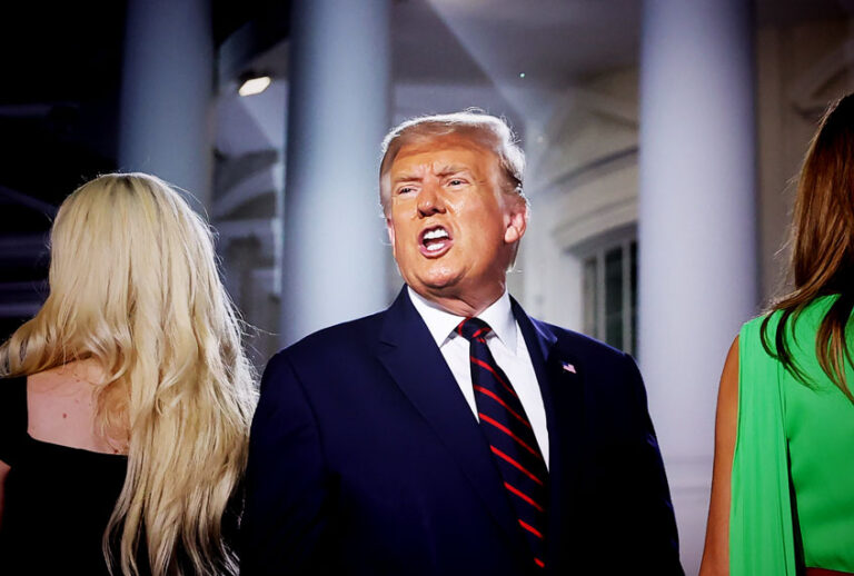 U.S. President Donald Trump (C) reacts as he stands with his family members after delivering his acceptance speech for the Republican presidential nomination on the South Lawn of the White House August 27, 2020 in Washington, DC. Trump gave the speech in front of 1500 invited guests. (Chip Somodevilla/Getty Images)