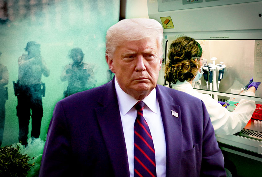 Donald Trump, with police tear-gassing protesters and a scientist working in a vaccine lab (Getty Images/Salon)