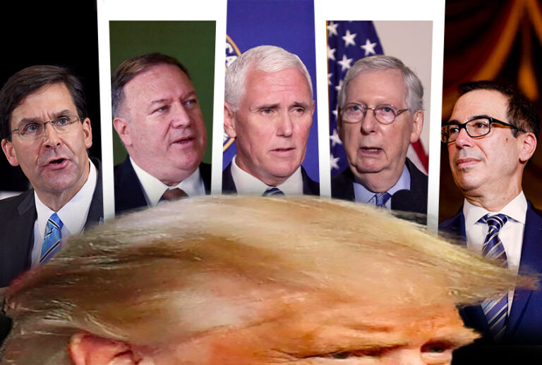 U.S. Defense Secretary Mark Esper, Secretary of State Mike Pompeo, Vice President Mike Pence, Senate Majority Leader Sen. Mitch McConnell, Treasury Secretary Steven Mnuchin, and the crown of Donald Trump (Photo illustration by Salon/Getty Images)