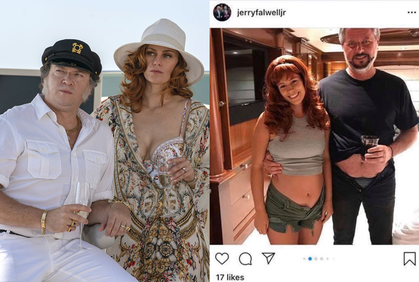 Danny McBride and Cassidy Freeman in "The Righteous Gemstones" | Photo of Jerry Falwell Jr. from his Instagram (Photo illustration by Salon/HBO/Instagram)