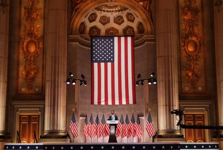 Donald Trump Jr. pre-records his address to the Republican National Convention at the Mellon Auditorium on August 24, 2020 in Washington, DC. The novel coronavirus pandemic has forced the Republican Party to move away from an in-person convention to a televised format, similar to the Democratic Party's convention a week earlier. (Chip Somodevilla/Getty Images)