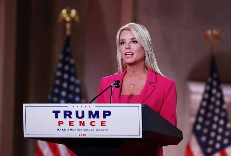 Former Florida Attorney General Pam Bondi stands on stage in an empty Mellon Auditorium while addressing the Republican National Convention on August 25, 2020 in Washington, DC. (Chip Somodevilla/Getty Images)